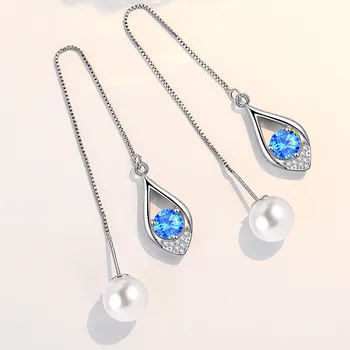 NEHZY 925 Sterling Silver Nové Ženy Módní Šperky Earline Vysoce Kvalitní Modrá Růžová Crystal Zirkon Pearl Náušnice Dlouhé Střapcem