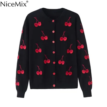 NiceMix Jaro Podzim Svetr Ženy Svetry Casual Cherry Výšivky Krátké Kabáty Vesty Pletené Svetr Ženy Pull Femme