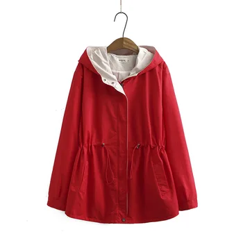 Nové dámské podzim zima plus velikosti s kapucí bundy pro ženy velkých volný dlouhý rukáv červený pás kapsa na zip kabát 3XL 4XL 5XL 6XL