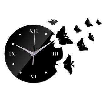 Nový design Evropa styl nástěnné quartzové hodiny butterfly dekor nástěnné hodinky pro obývací pokoj, diy akrylové zrcadlo nástěnné nálepky materiál