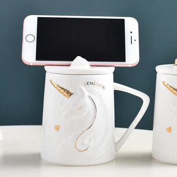 Nádherná Úleva Unicorn Hrnek na Kávu s Držák Mobilního Telefonu Víko Roztomilé Vodu Čaj Keramické Mléko Snídaně Šálek Kreativní Dárek