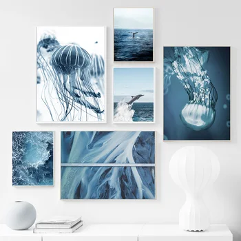 Oceán, Delfín Modrá Velryba Ocas Citace Wall Art Malířské Plátno Nordic Plakáty A Tisky Zeď Obrázky Pro Obývací Pokoj Domácí Dekor