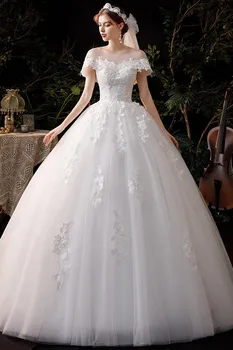 Podlahy-délka O-neck Svatební Šaty 2021 Klasické Krajka-Up plesové Šaty Princezna Luxusní Vestido De Noiva Robe De Mariee Plus Velikost