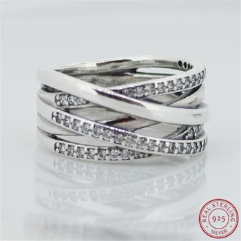 Populární 925 Sterling Silver Propletené Kapely Prohlášení prsten pro Ženy Šperky Přikrášlila s Blikající Zirkony FLR028