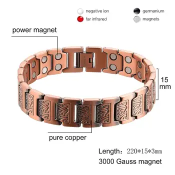 Pánské Čistá Měď Náramek s Dvojitou Syrové 3000 Gauss Magnety Úlevu od Bolesti Artritidy, Magnetické Zdravotní Náramek Náramek Power