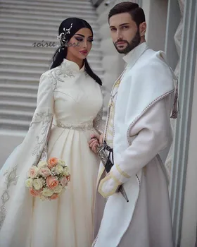 Romantické Muslimské Svatební Šaty Dubaj Arabské Dlouhý Rukáv Země Svatební Šaty S Výšivkou Saténová Marocké Kaftan Nevěsty Šaty