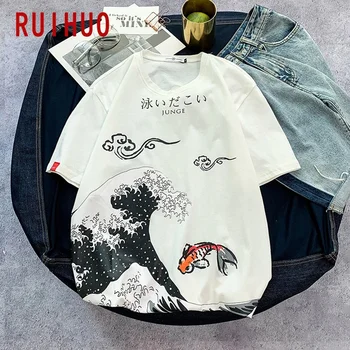 RUIHUO Vlna Tisk Krátký Rukáv Pánské T-Shirt Módní Streetwear Tričko Muži Tričko Hip Hop 2021 Japonské Oblečení Muži M-5XL