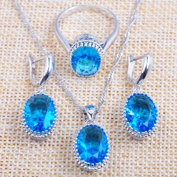 Ruský Styl Svatební Šperky Set Pro Ženy, Stříbrná Barva Nebesky Modré Zirkony Crystal Přívěskem Náušnice Kroužky 2020 Nové TZ0191