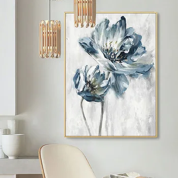 Ručně malované abstraktní olejomalba moderní minimalistický Nordic abstraktní modré květinové obývací pokoj, velké dekorativní malba FHY014