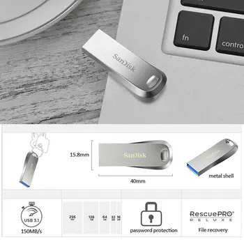 SanDisk Originální Originální Ultra Luxe USB 3.1 USB Flash Disk 16 GB 32 GB 64 GB 128 GB Pen Drive Memory Stick Full Metal Jacket