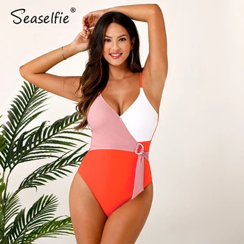 SEASELFIE Colorblock Zábal křížem Krážem z Jednoho Kusu Plavky Ženy, Sexy V-neck Plavky Monokini 2021 Beach Plavky Plavky
