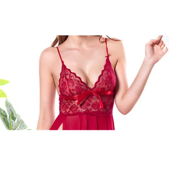 Sexy spodní prádlo noční úbory Dámské Valentýnské Veselé Červené Krajky Mesh Babydoll Šaty S Tanga, erotické prádlo, noční košilky