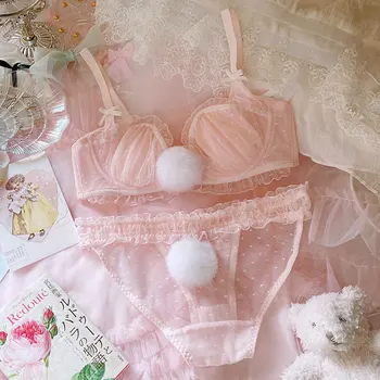 Spodní prádlo, roztomilé kožešiny míč králík ocas, růžové dívka podprsenka set, sexy krajky ultra-tenké plus velikosti spodní prádlo set shromáždili kostice podprsenka