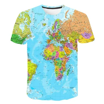 Světlé mapa světa 3D tištěné T-košile, dětské módy Animace Cestovní T-košile, dívky a chlapci krátký rukáv T-shirt oblečení
