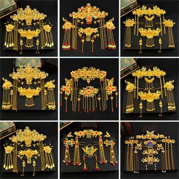 Tradiční Čínská Vlasové Doplňky Vintage Styl Čínské Čelenka Pokrývka Hlavy Zlaté Čínské Vlasy, Šperky, Svatební Koruny Ornament