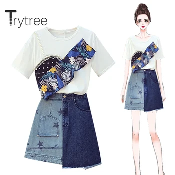 Trytree 2020 Letní Ženy Dva Dílná Sada Příležitostné O-krk Patchwork Tisk Volánky T-shirt Topy + Sukně Hvězda-line Mini Sada 2 Ks