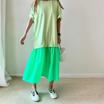 TWOTWINSTYLE krátký rukáv Letní Šaty pro Ženy Módní korejský Hit barva Patchwork Maxi Šaty Ležérní Šaty Dívky 2020 Nové