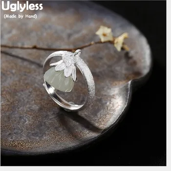 Uglyless Real 925 Sterling Silver, Přírodní Bílé Jade Lotus Prsteny pro Ženy Otevřená Houpat Ring Jemné Šperky Drahokamy