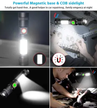 USB Dobíjecí 8000LM Svítilna Super Světlé Magnetická LED Svítilna s Cob světlo dolních návěstních svítilen kapesní klip Zoomovatelný pro Kempování
