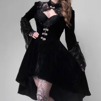 Vintage Černé Sametové Gotické Šaty Ženy Elegantní Vydlabat Sexy Krajky Patchwork Šaty Mini Žena Šaty Party Podzimu