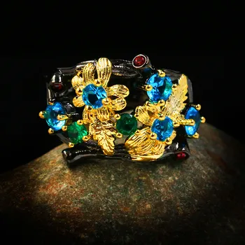 Vintage Ženy Rainbow Crystal Velký Klasický Prsten 14KT Černého Zlata Snubní Prsten Luxusní Svatební Květiny Snubní Prsteny Pro Ženy