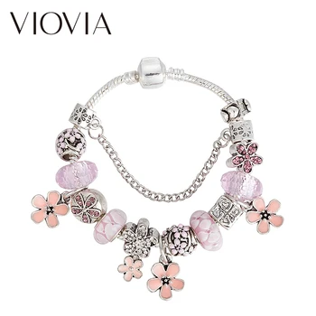 VIOVIA Hot Prodej Pink Flower Kouzlo Náramky Pro Ženy Dítě Murano Korálky Krásné Značkové Náramky&Náramky Šperky B17155