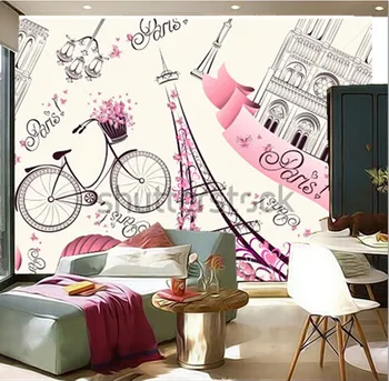 Vlastní 3D velké nástěnné malby, paříž symboly, vzor romantické cestování v Paříži, obývací pokoj pohovka, TV stěna ložnice pozadí wall paper