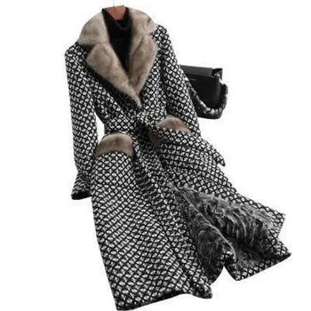 Vlněné Směsi Kabát Kostkované Ženy Dvojí Breasted X Dlouhé Sako Plus Velikost 5XL Office Lady Zimní Teplé Kožešinové Límce Kabáty Ženské WH353