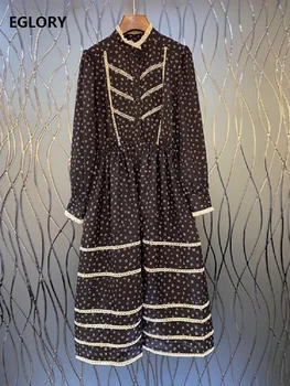 Vysoce Kvalitní Bavlněné Šaty 2021 Jarní Letní Módní Ženy Elegantní Květinové Tisk Krajky Patchwork Dlouhý Rukáv Vintage Šaty