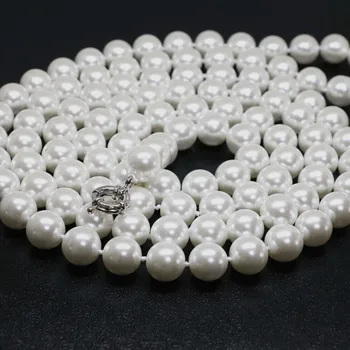 Vysoce kvalitní bílé simulované-pearl shell 8mm kulaté korálky módní dlouhý řetěz náhrdelník pro ženy, což 48inches GE4575