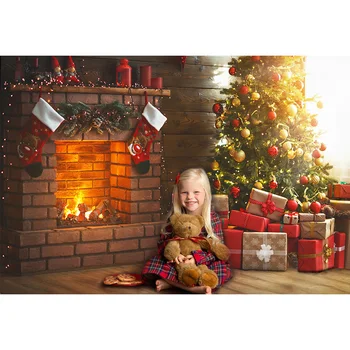 Vánoční Krb Zimní Portrét Pozadí pro Fotografie, Dar, Vánoční Stromeček, Dar, Pozadí, Cihla Dřevo Ponožky Focení