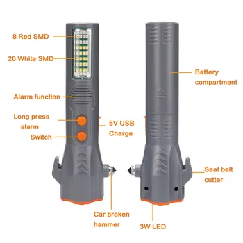 Víceúčelový Nouzový Vozu Magnetické Varování, Svítilna, Bezpečnostní Kladivo Okno Jistič Nástroj S USB Nabíjecí Rozhraní