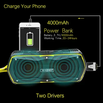 W-Král Vodotěsný Bluetooth 4.0 Reproduktor Přenosný Bezdrátový Venkovní Reproduktory TF Karty, AUX in s 4000mAh Power Bank Pro Telefon