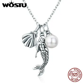 WOSTU Autentické 925 Sterling Silver Legend of mermaid Shell&Perlový Přívěšek Náhrdelník Pro Ženy Šperky Móda Dárek CQN237