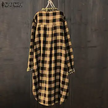 ZANZEA Ženy Střední-tele Šaty Košile 2021 Podzim Vintage Dámy Klopě Vestidos Módní Ležérní Kostkované Plášť Longue Plus Velikosti 5XL