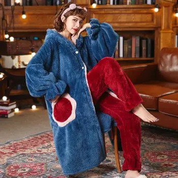 Zimní Pyžamo pro Ženy, Zahuštěný Dva-kus Plus Sametové Dlouhé Korálové Sametové Pyžamo Karikatura Flanelové Home Service Lounge Opotřebení