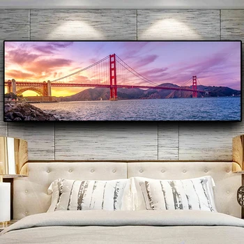 Západy slunce, Přírodní Golden Gate Bridge, Pobřeží, Krajina, Budovy, Plátno, Malování Plakátů a Tisk Wall Art Obraz pro Obývací Pokoj
