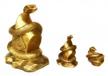 Čínské FengShui Mosaz Rok Zodiac Snake Vlákna Bohatství YuanBao Mince Socha Figurka