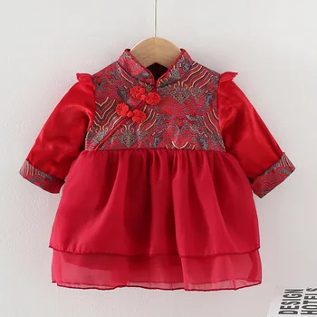 Čínský Styl Nový Rok Princezna Šaty Pro Dívky Červená Barva Dlouhý Rukáv Plus Sametové Kojenecké Dětské Zimní Oblečení Pro Narozeniny