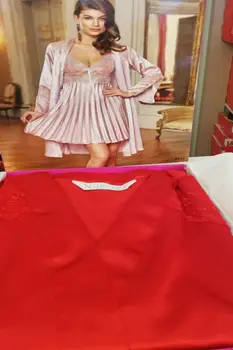 Ženy noční Košile Šaty Oblek Model Krátká Délka Satén Krajka Sukně S Červená 2 Ks Velikosti S M L XL