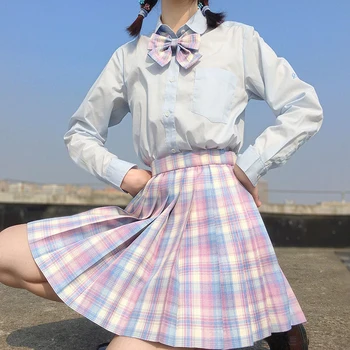 Ženy Skládaný Sukně 2020 Vysokým Pasem korejský Styl Růžové Kostkované Sukně pro Dívky Roztomilé Sladké Kawaii Dámy Mini Sukně Femlae Uniformu