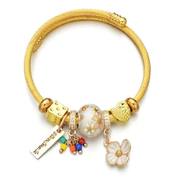 Ženy Zlaté Barvy z Nerezové Oceli Crystal Květina Přívěsky Náramky Drát Kabel Kamínky Otevřít Nastavitelné Manžety Náramek DIY Šperky