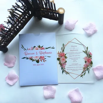10ks Luxusní Svatební Pozvání Kartu s Pocket Obklopují Obal Custom Print Rose Gold Akryl Pozvánky Evropský Styl