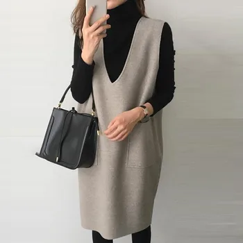 2 Ks Set Žen M-4XL Vesta Šaty Mama Oblečení korejské Pletené Koleno Délka Plná Kauzální Šaty Japonské 2021 Nové Jaro, Podzim