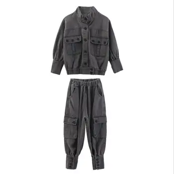 2019 jaro podzim nové módní šedé dlouhý rukáv topy + kalhoty 2ks soupravy pro dítě chlapce a dívky, děti, obleky 4-14 let ws1131