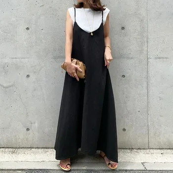 2020 Léto Podzim Ženy OL Šaty Ležérní Volný čas Špagety Popruh Čistě Černé Jednoduché Šaty Japonský Styl Maxi Šaty Vestidos