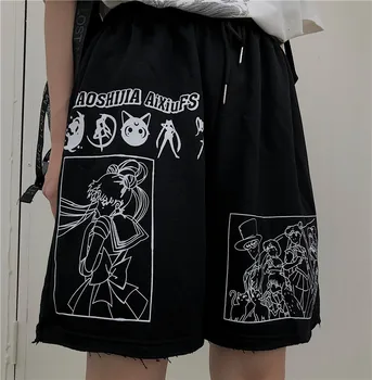 2020 Nové Letní Šortky Ženy Harajuku Sailor Moon Print Krátké Kalhoty Volné Elastické Pasu Šortky Bavlněné Karikatura Ženské Šortky