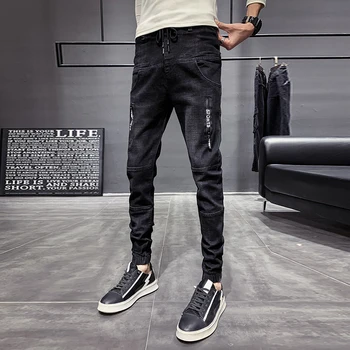 2020 Nový Korejský Muži Jeans Móda Streetwear Černé Džínové Kalhoty Men Slim Fit Hip Hop Ležérní Džíny Běžce Pánské Kalhoty 28-36