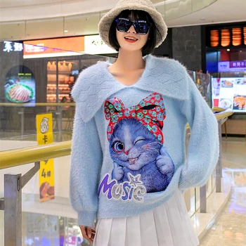 2020 podzim a v zimě volné retro panenka límec těžkého průmyslu kočka zdobený svetr líný styl měkké mléko svetr kabát trend