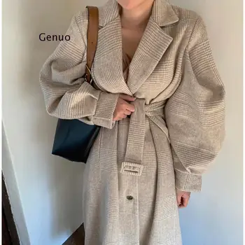 2020 Zimní Vlněný Kabát Ženy Lucerna Rukáv Jediné Breasted Plaszcze Damskie Plus Velikost Manteau Femme Hiver Elegantní Kabáty